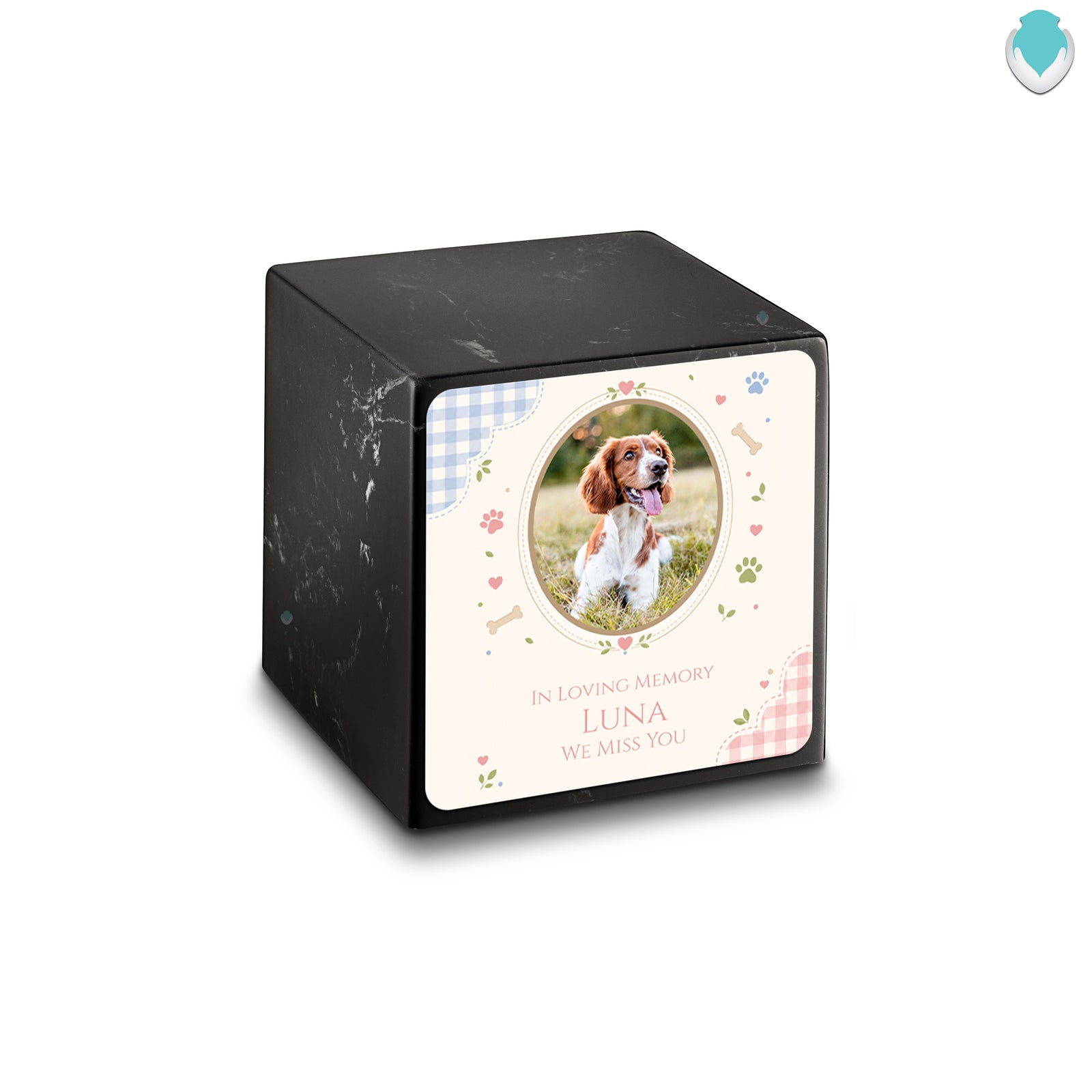 Small Cube Custom Pet Memorial Black & White Cultured Marble Pet Cremation Urn by MacKenzie