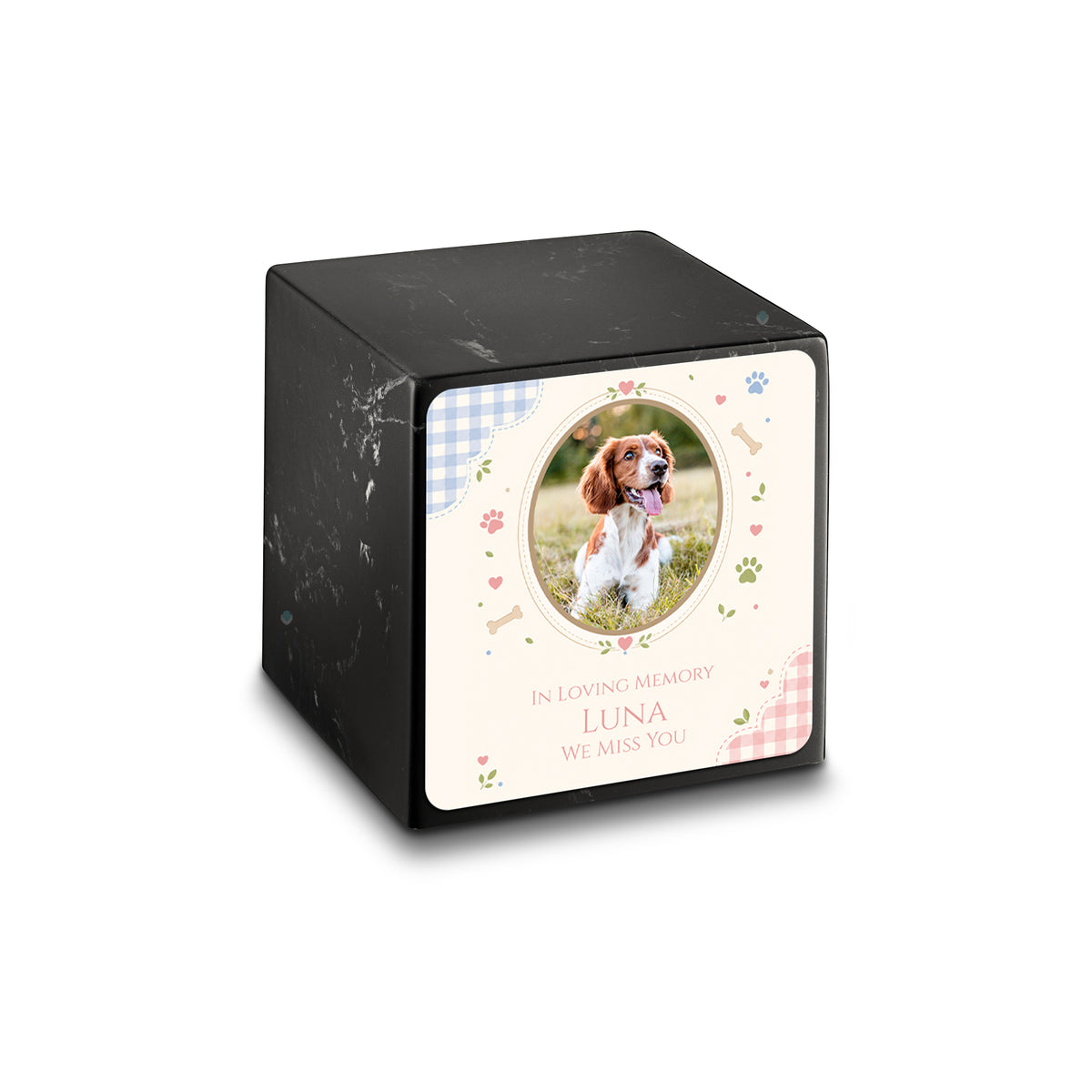 Small Cube Custom Pet Memorial Black &amp; White Cultured Marble Pet Cremation Urn by MacKenzie