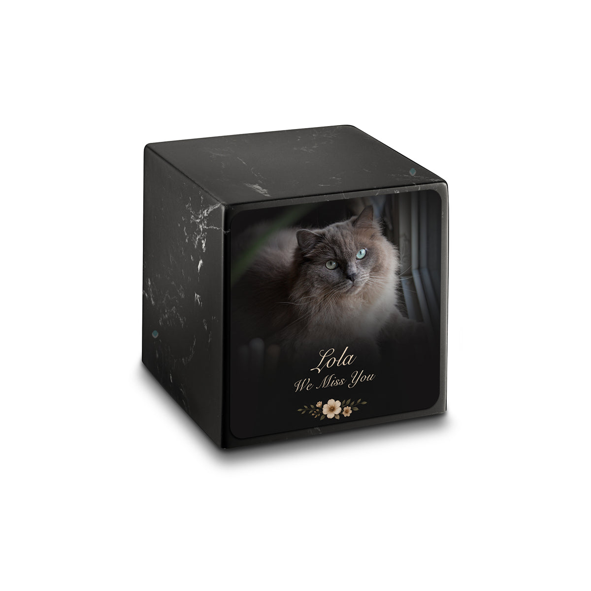 Small Cube Pet Portrait Photo Black &amp; White Cultured Marble Pet Cremation Urn by MacKenzie