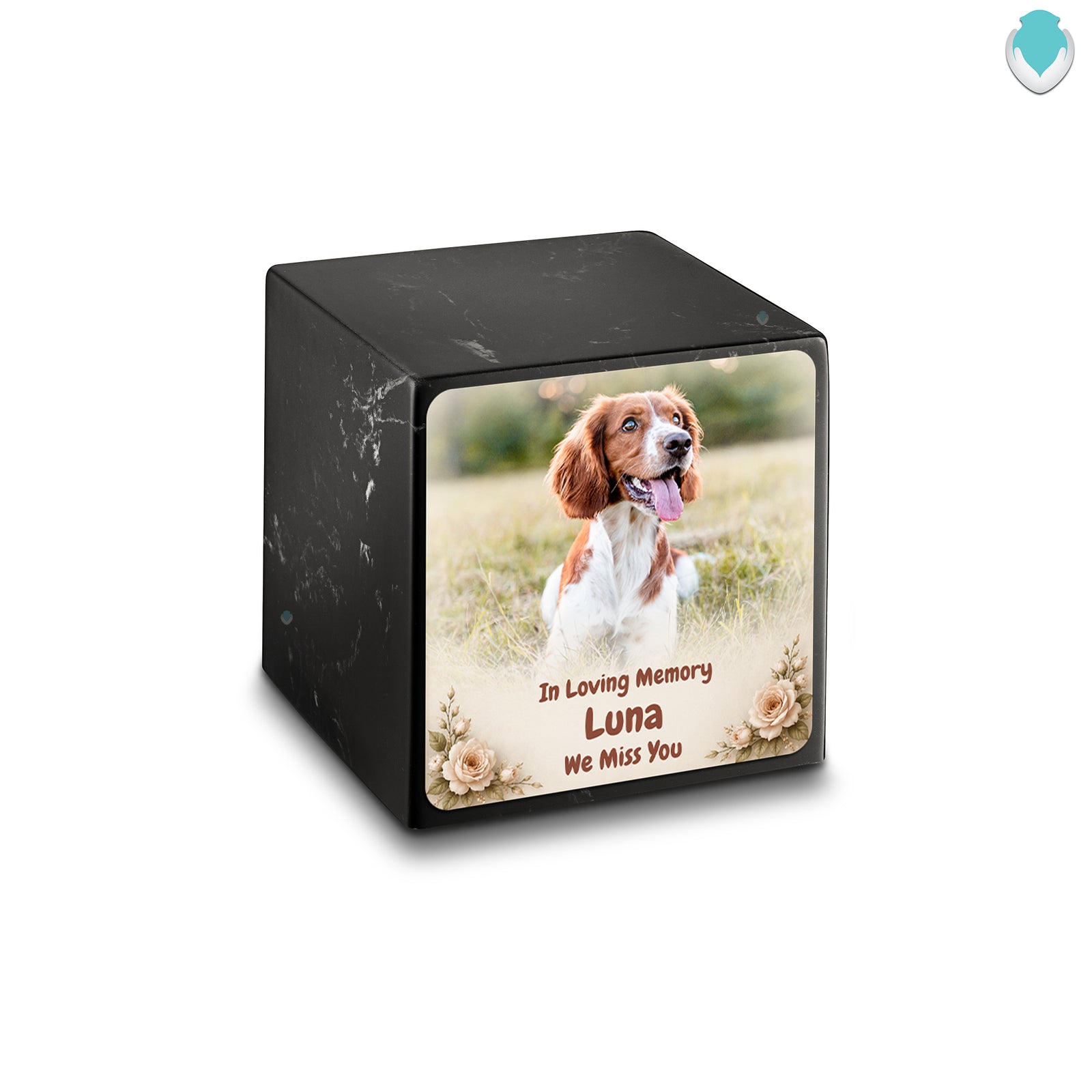 Small Cube Personalized Pet Photo Black & White Cultured Marble Pet Cremation Urn by MacKenzie