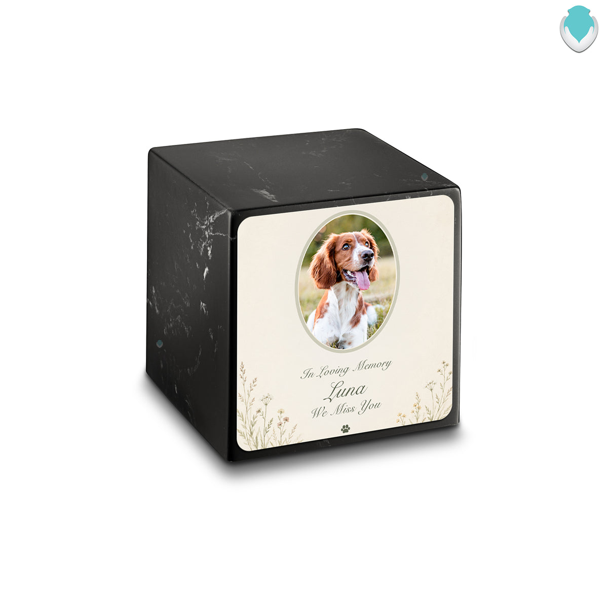Small Cube Pet Portrait Tribute Black & White Cultured Marble Pet Cremation Urn by MacKenzie