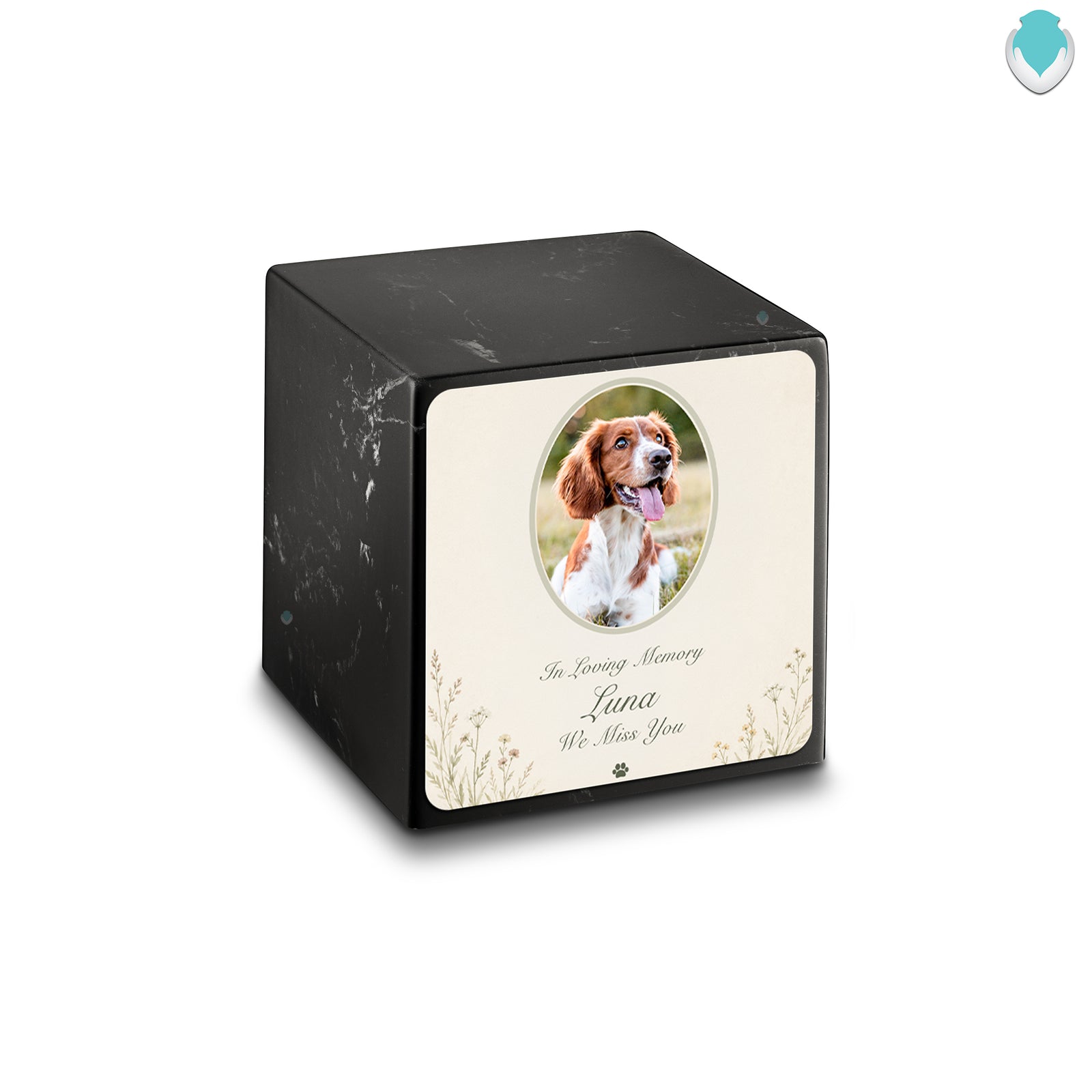 Small Cube Pet Portrait Tribute Black & White Cultured Marble Pet Cremation Urn by MacKenzie