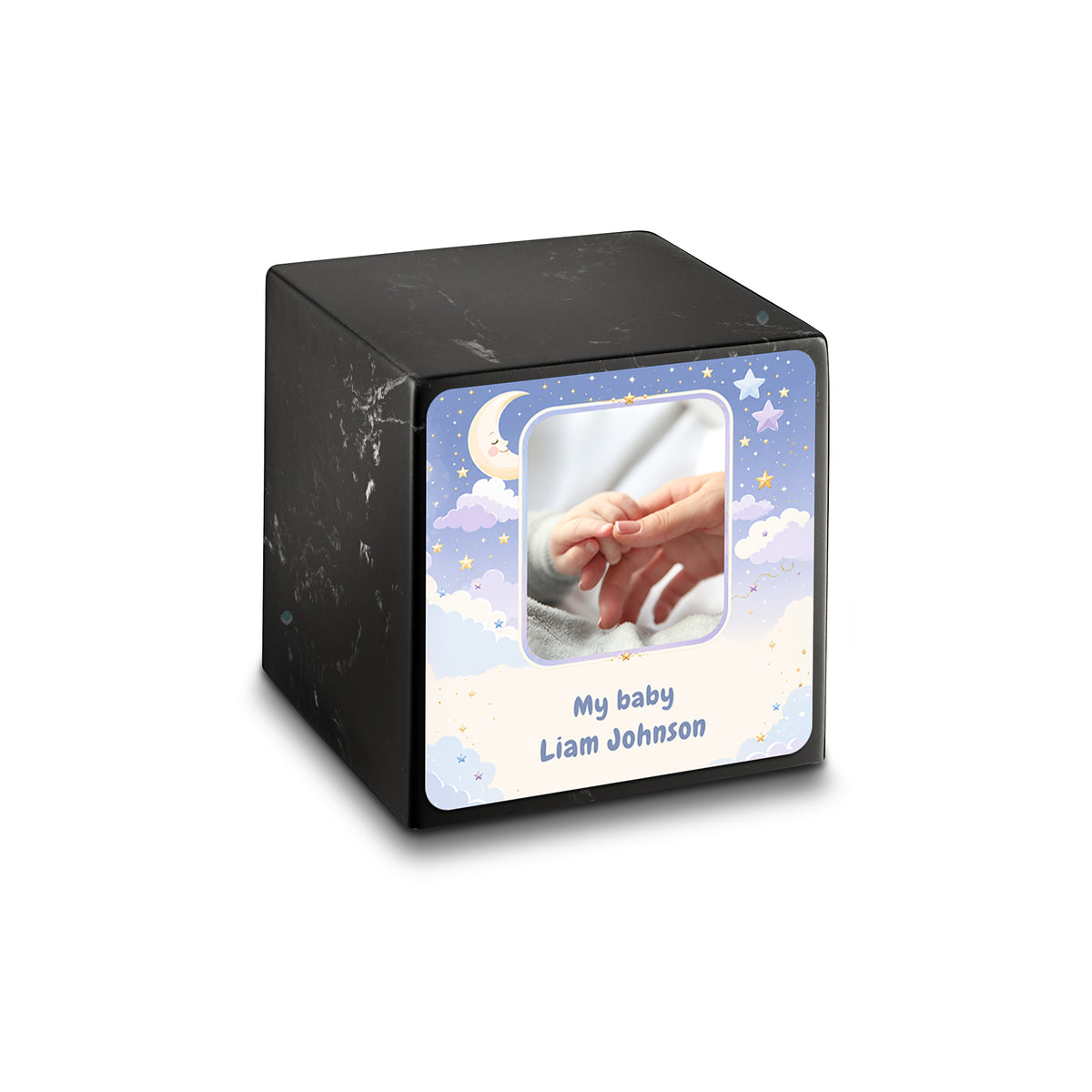 Small Cube Moon and Stars Black &amp; White Cultured Marble Child Cremation Urn by MacKenzie