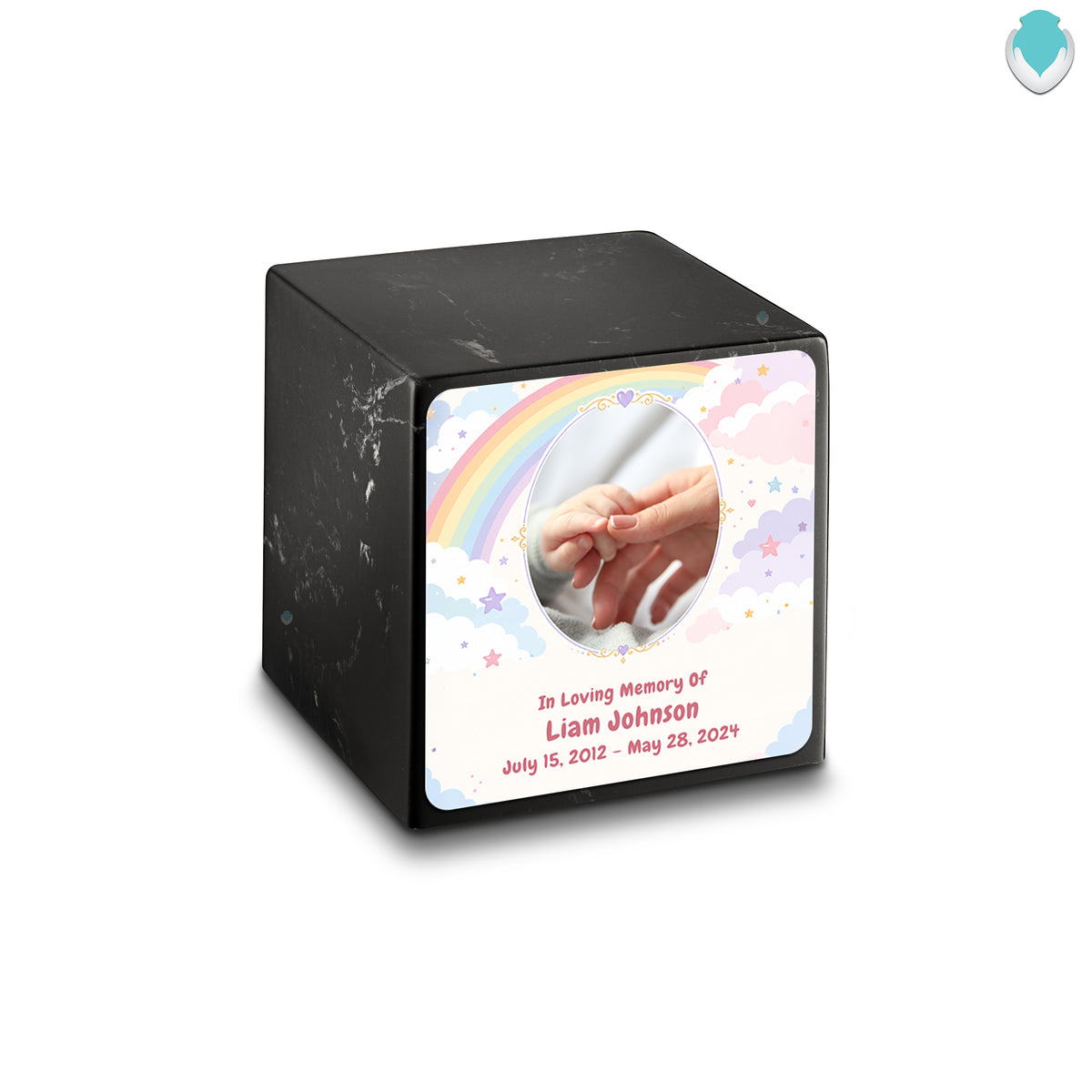 Small Cube Rainbow and Clouds Black & White Cultured Marble Child Cremation Urn by MacKenzie