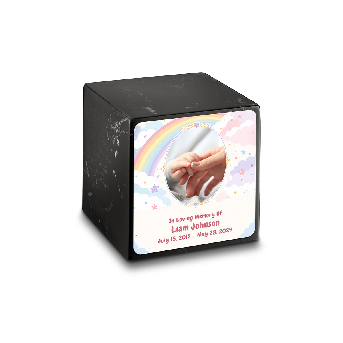 Small Cube Rainbow and Clouds Black &amp; White Cultured Marble Child Cremation Urn by MacKenzie