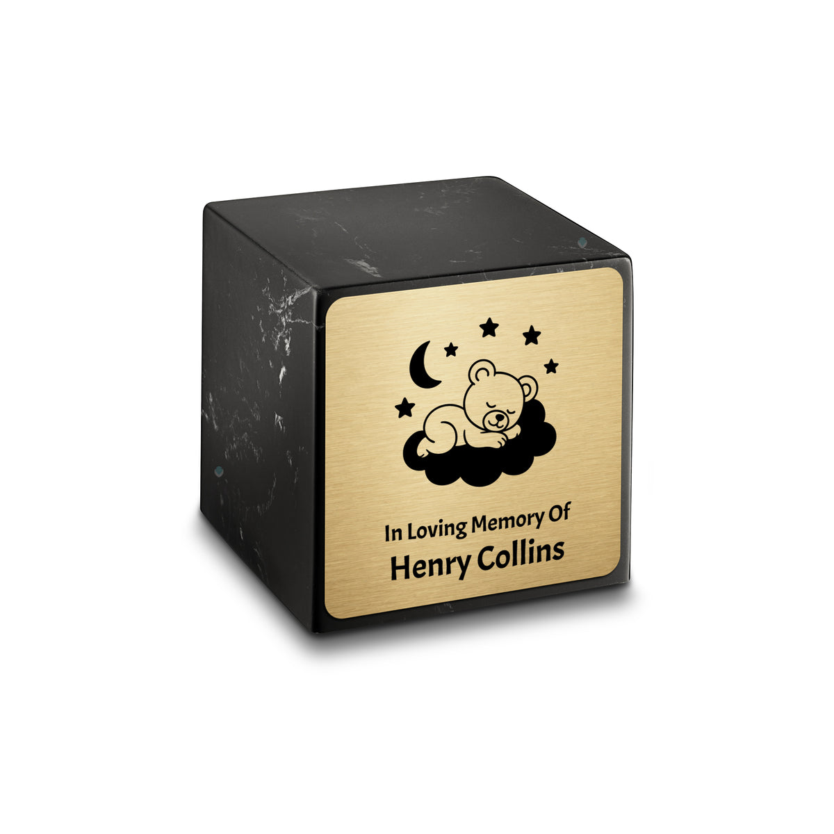 Small Cube Sleeping Teddy Black and White Cultured Marble Child Cremation Urn by MacKenzie