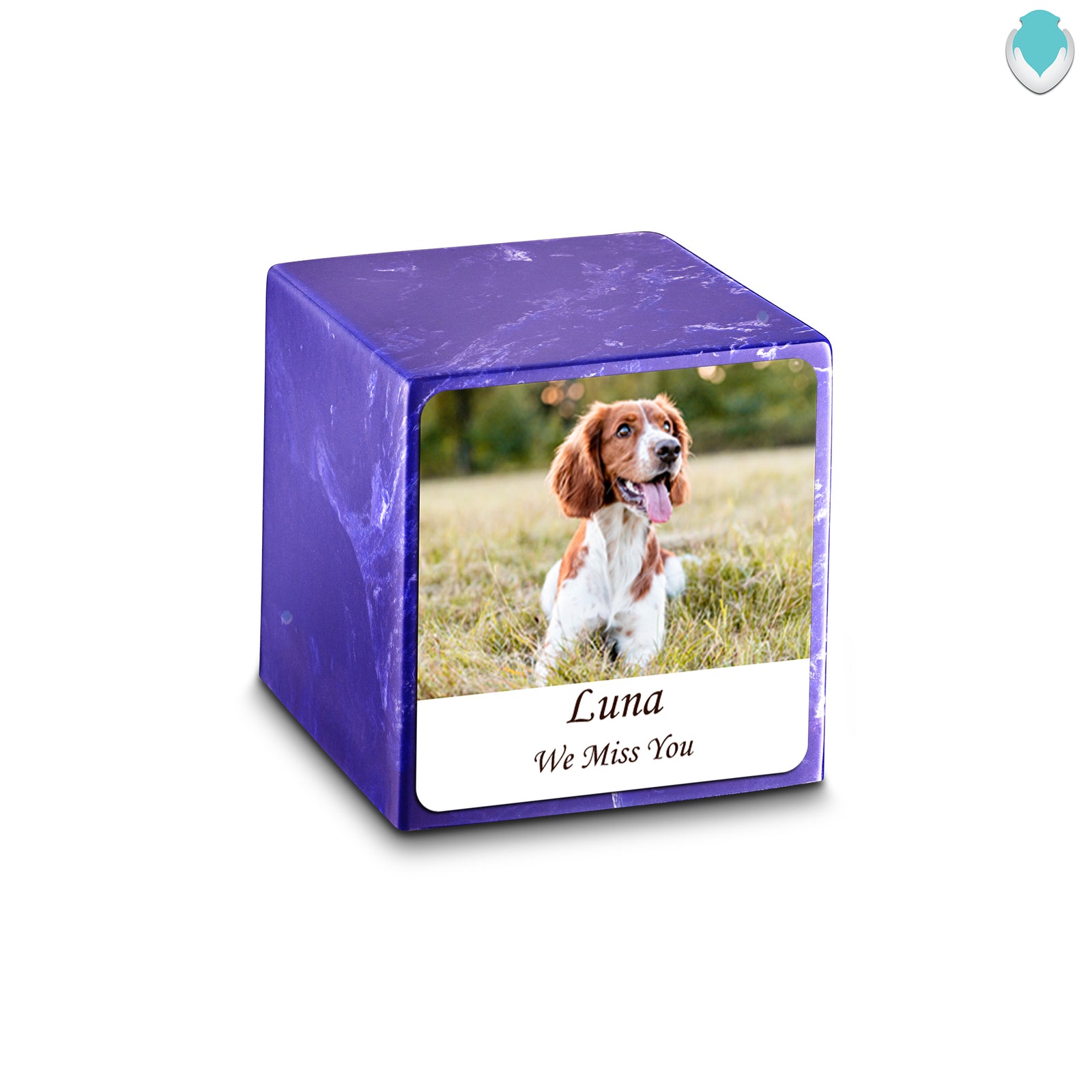Small Cube Custom Pet Photo Cobalt Cultured Marble Pet Cremation Urn by MacKenzie