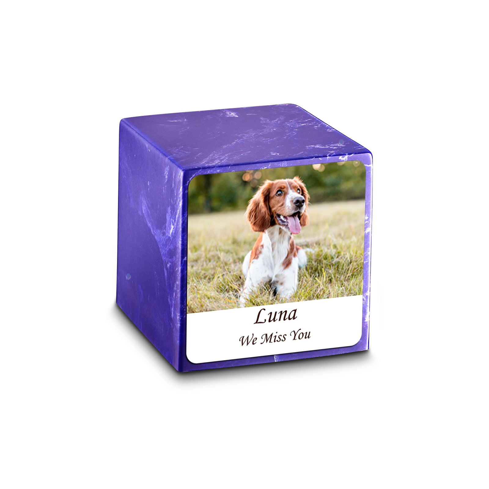 Small Cube Custom Pet Photo Cobalt Cultured Marble Pet Cremation Urn by MacKenzie