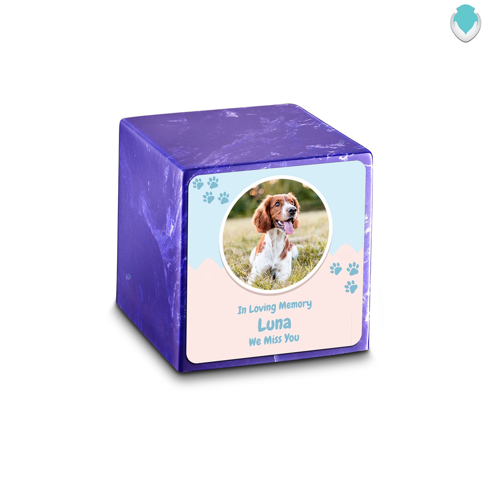 Small Cube Pet Portrait Cobalt Cultured Marble Pet Cremation Urn by MacKenzie