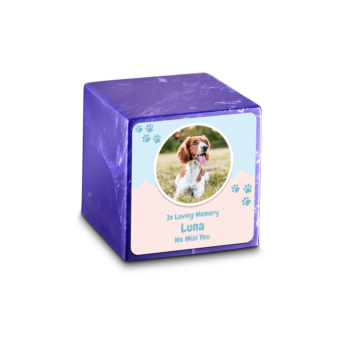Small Cube Pet Portrait Cobalt Cultured Marble Pet Cremation Urn by MacKenzie