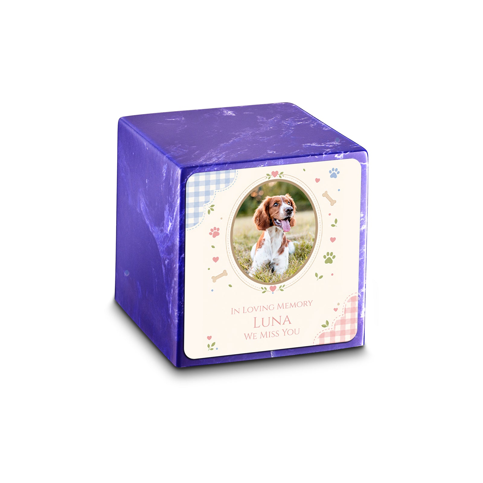 Small Cube Custom Pet Memorial Cobalt Cultured Marble Pet Cremation Urn by MacKenzie