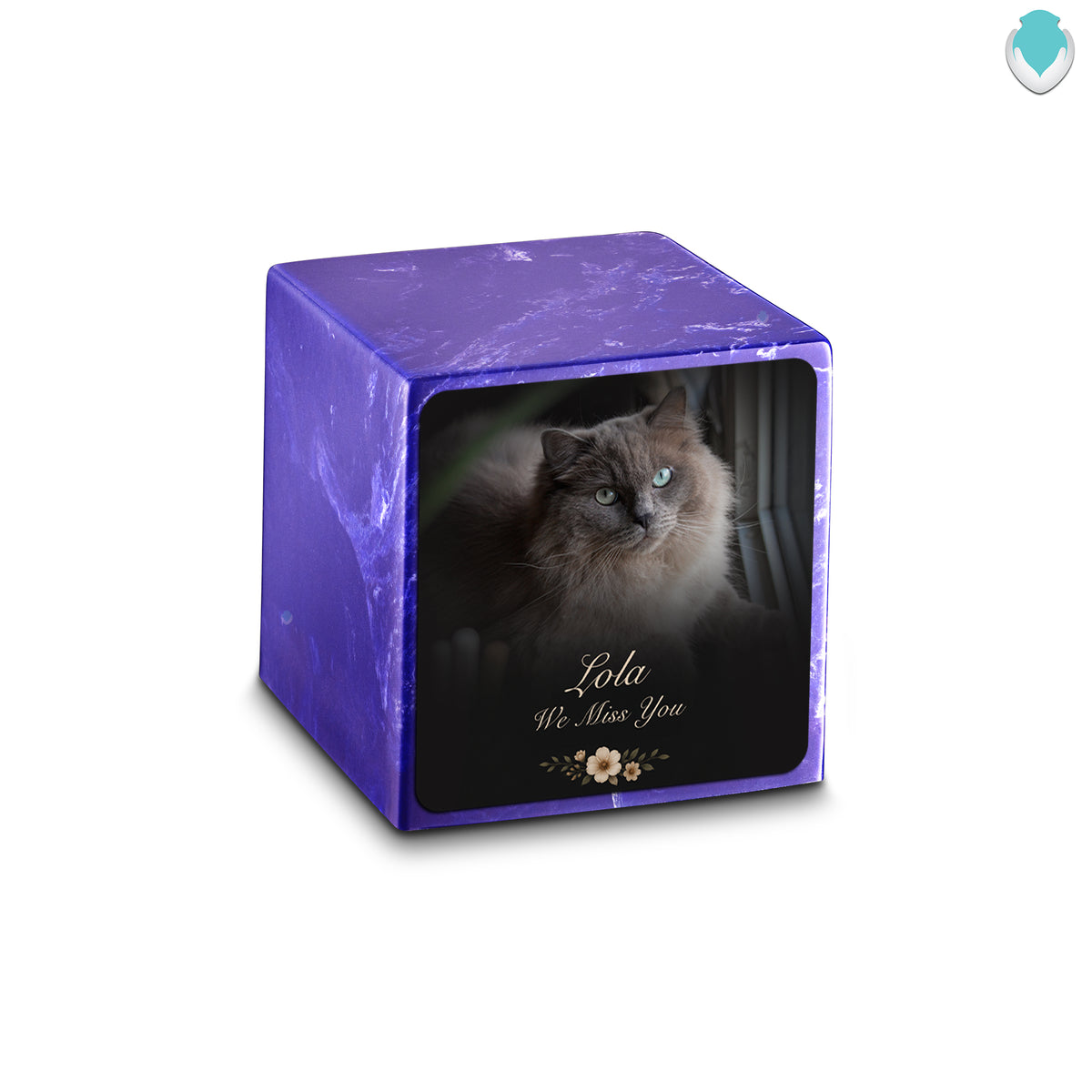 Small Cube Pet Portrait Photo Cobalt Cultured Marble Pet Cremation Urn by MacKenzie