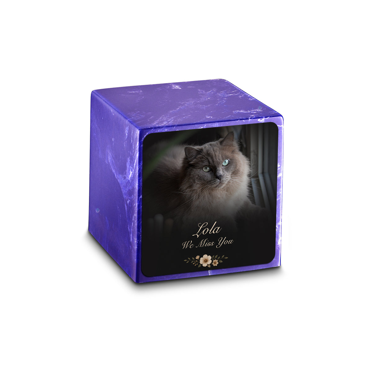 Small Cube Pet Portrait Photo Cobalt Cultured Marble Pet Cremation Urn by MacKenzie