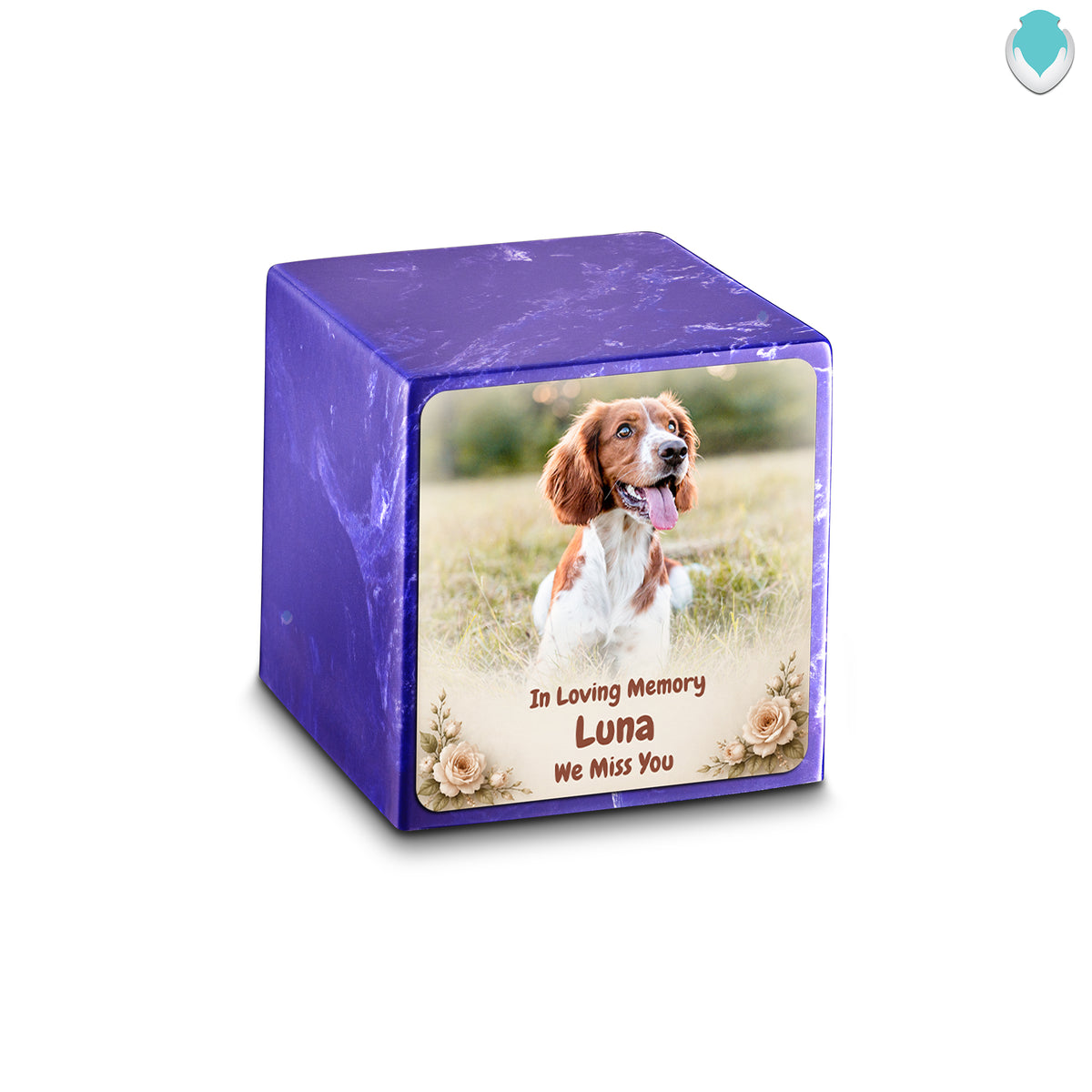 Small Cube Personalized Pet Photo Cobalt Cultured Marble Pet Cremation Urn by MacKenzie