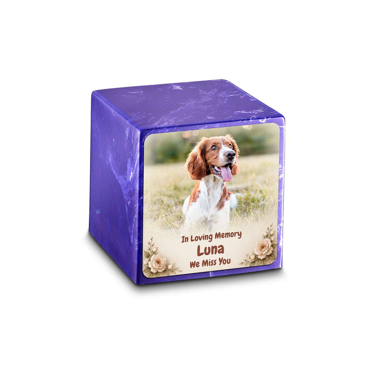 Small Cube Personalized Pet Photo Cobalt Cultured Marble Pet Cremation Urn by MacKenzie