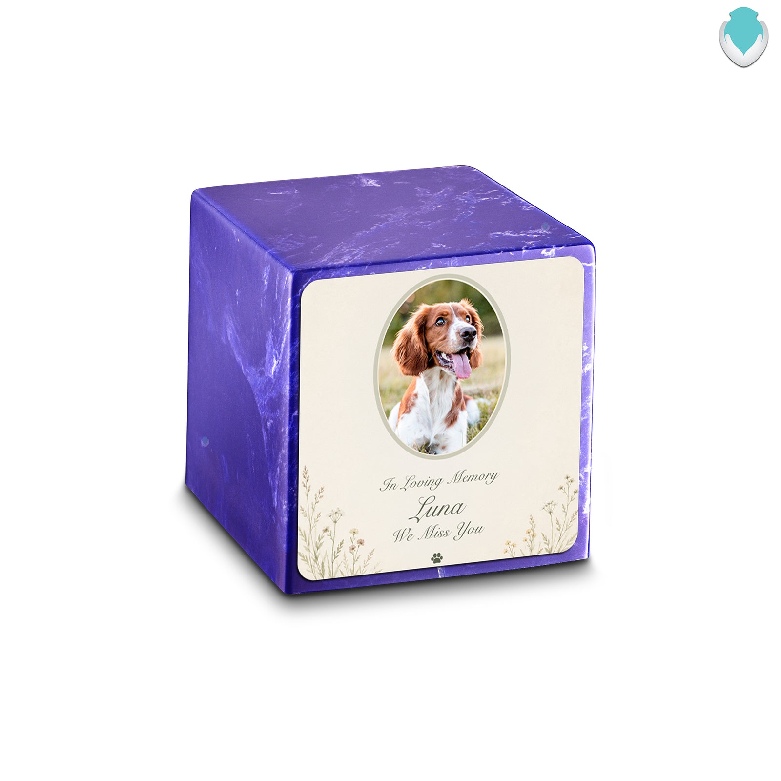 Small Cube Pet Portrait Tribute Cobalt Cultured Marble Pet Cremation Urn by MacKenzie