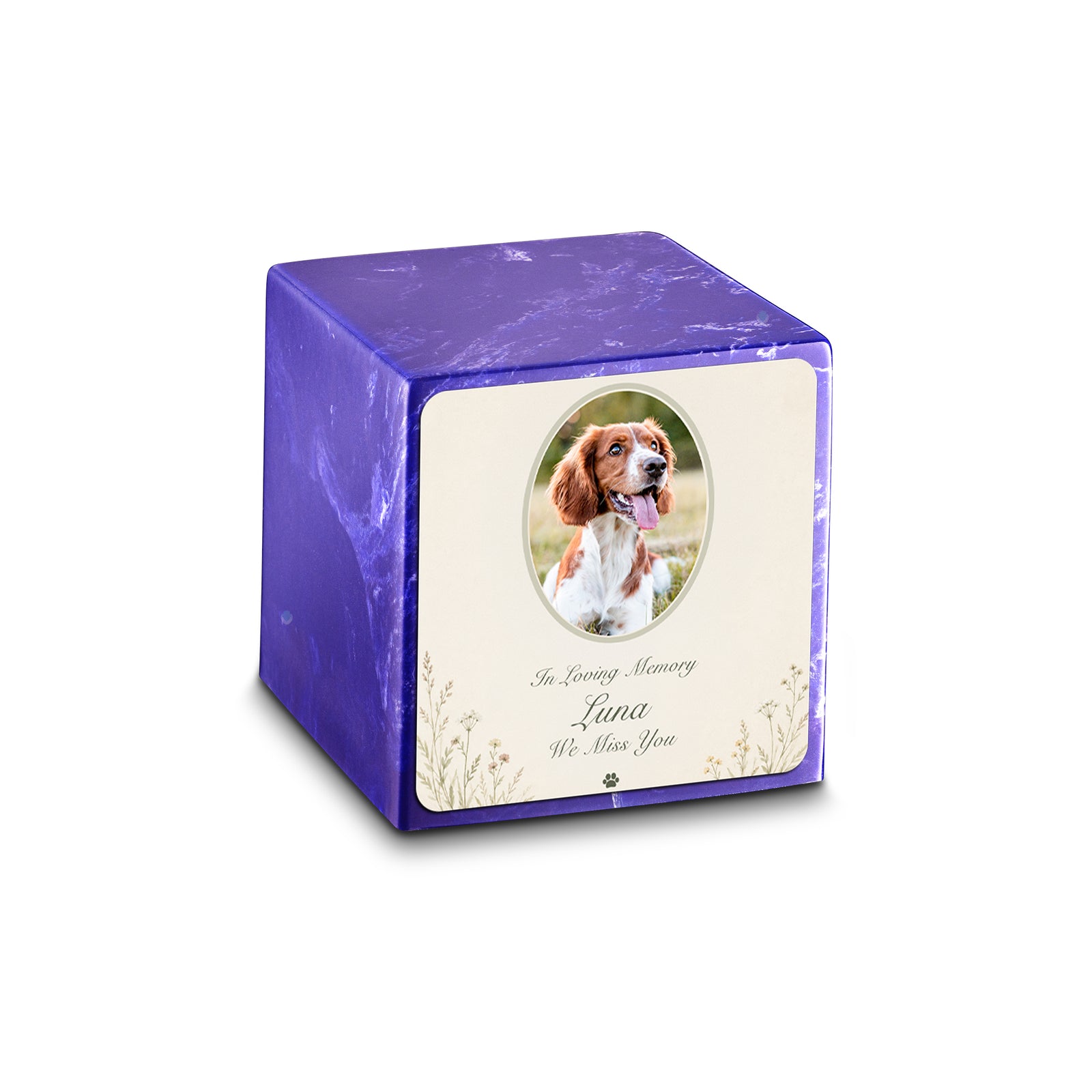 Small Cube Pet Portrait Tribute Cobalt Cultured Marble Pet Cremation Urn by MacKenzie