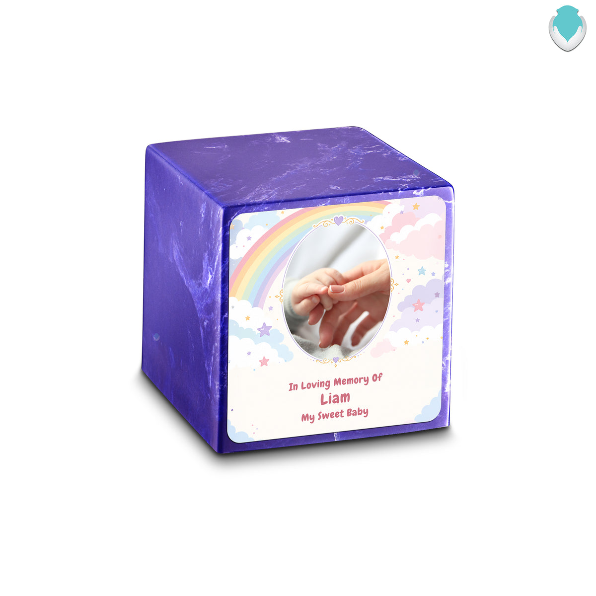 Small Cube Rainbow and Clouds Cobalt Cultured Marble Child Cremation Urn by MacKenzie