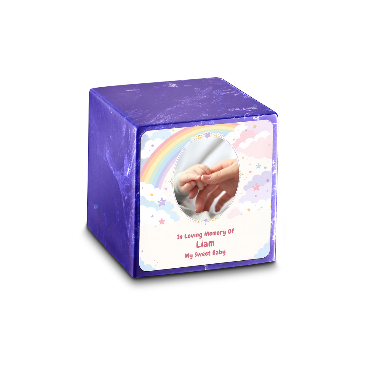 Small Cube Rainbow and Clouds Cobalt Cultured Marble Child Cremation Urn by MacKenzie