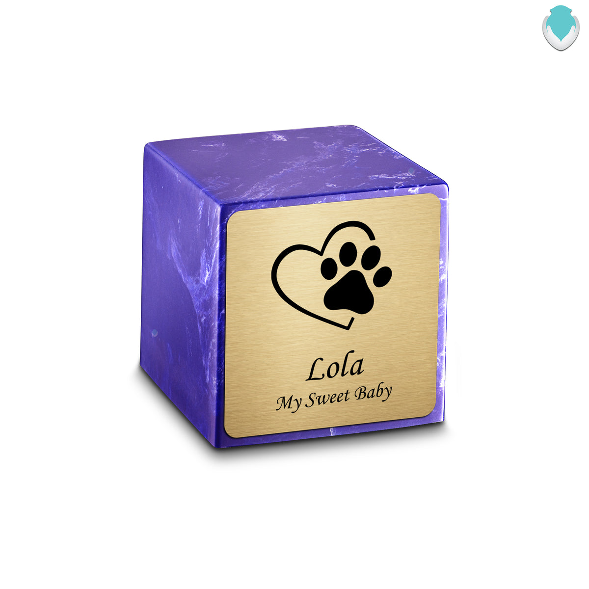 Small Cube Single Heart Paw Cobalt Cultured Marble Pet Cremation Urn by MacKenzie