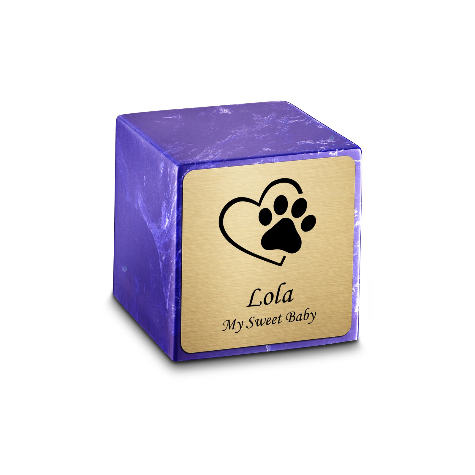 Small Cube Single Heart Paw Cobalt Cultured Marble Pet Cremation Urn by MacKenzie