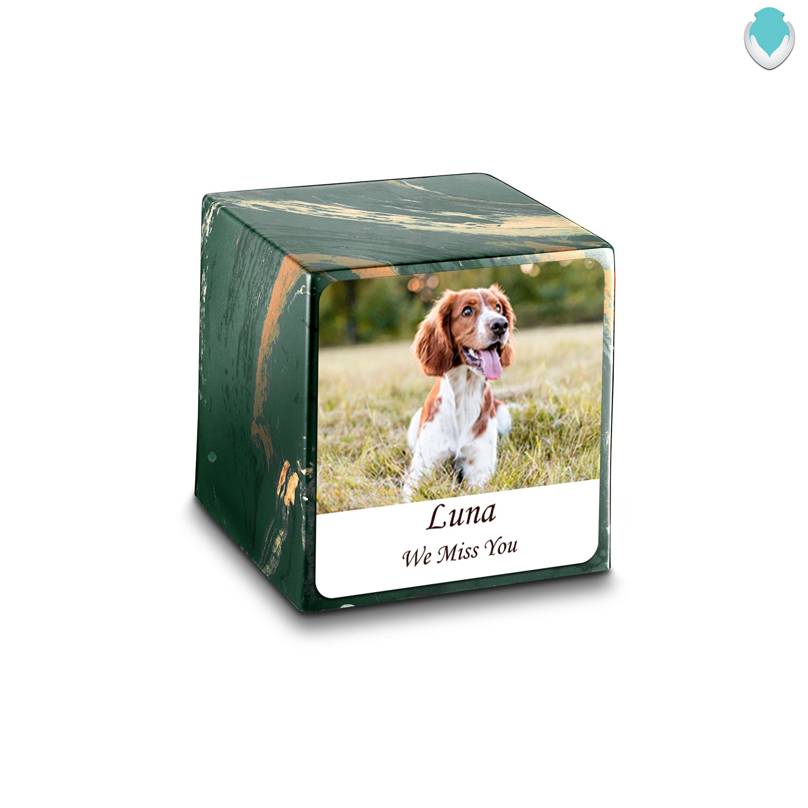 Small Cube Custom Pet Photo Camo Cultured Marble Pet Cremation Urn by MacKenzie