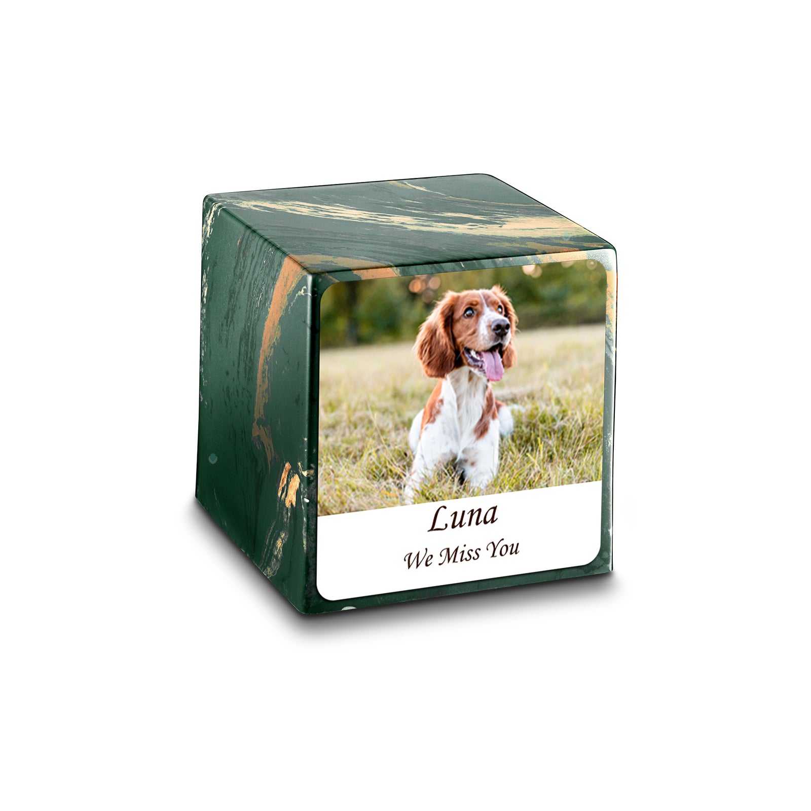 Small Cube Custom Pet Photo Camo Cultured Marble Pet Cremation Urn by MacKenzie