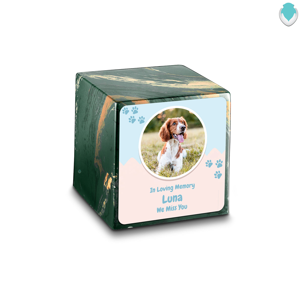 Small Cube Pet Portrait Camo Cultured Marble Pet Cremation Urn by MacKenzie