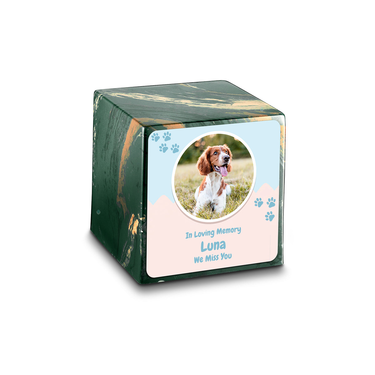 Small Cube Pet Portrait Camo Cultured Marble Pet Cremation Urn by MacKenzie