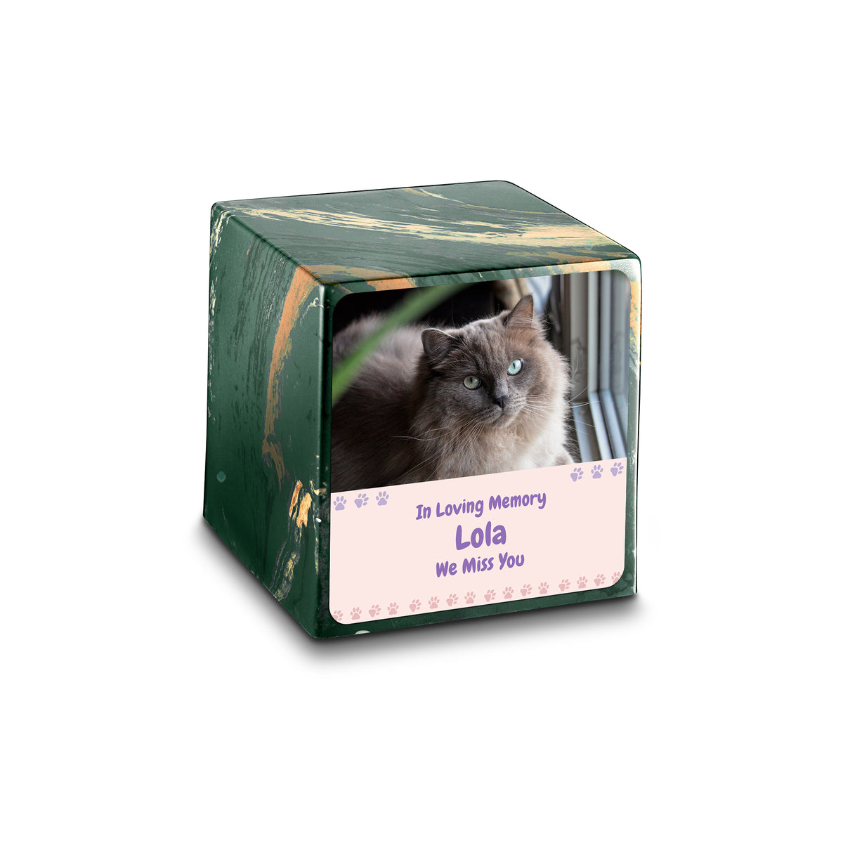 Small Cube Pet Photo Memorial Camo Cultured Marble Pet Cremation Urn by MacKenzie