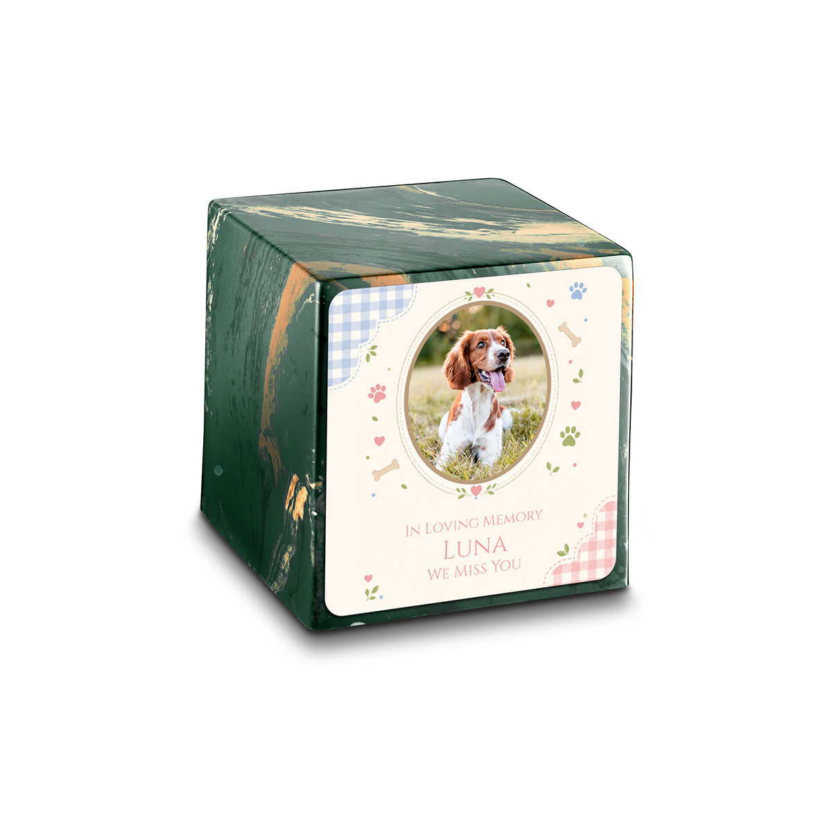 Small Cube Custom Pet Memorial Camo Cultured Marble Pet Cremation Urn by MacKenzie