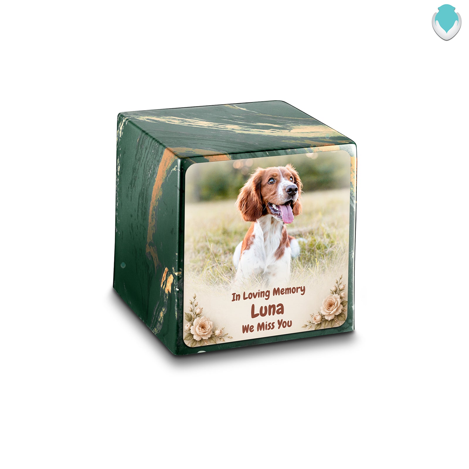 Small Cube Personalized Pet Photo Camo Cultured Marble Pet Cremation Urn by MacKenzie