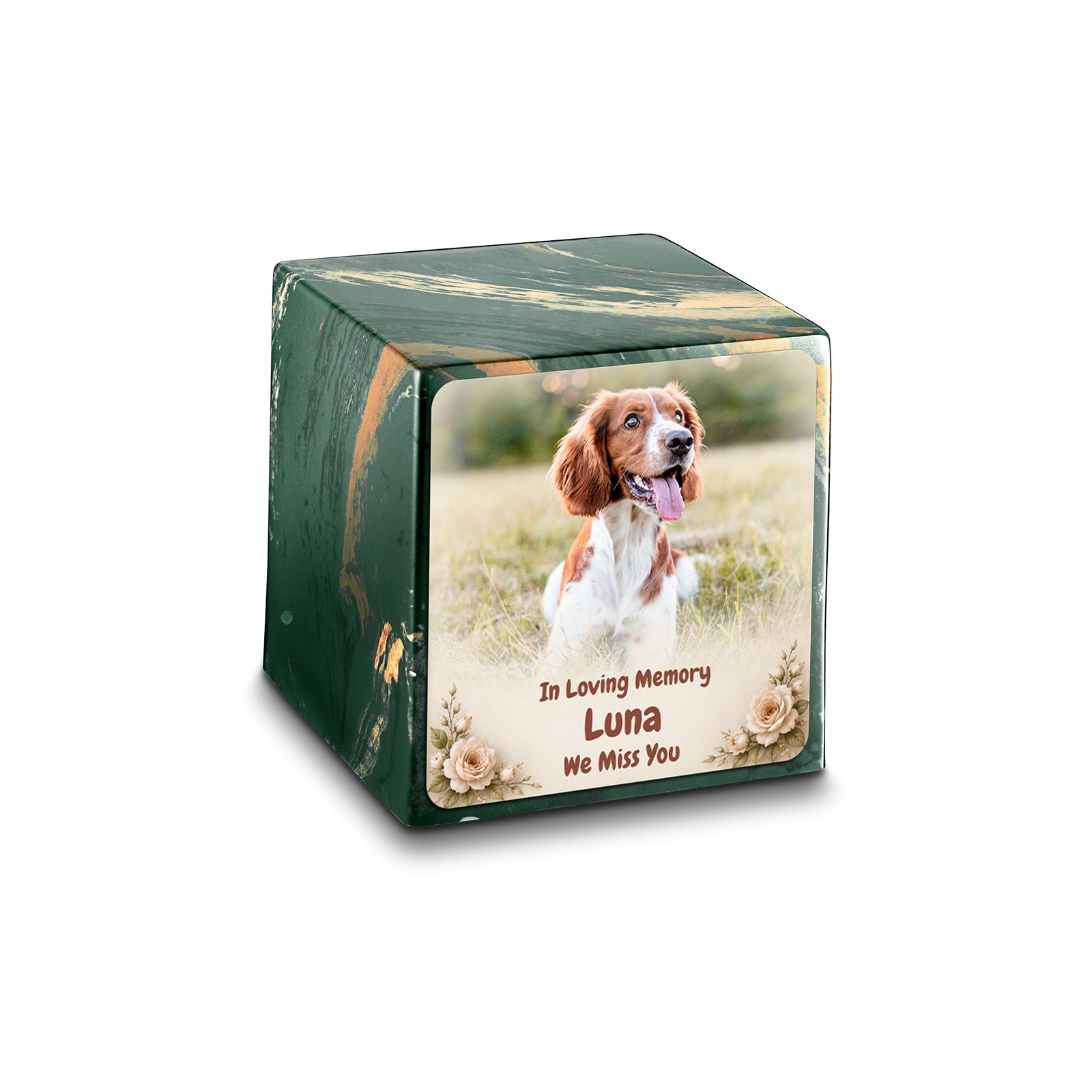 Small Cube Personalized Pet Photo Camo Cultured Marble Pet Cremation Urn by MacKenzie