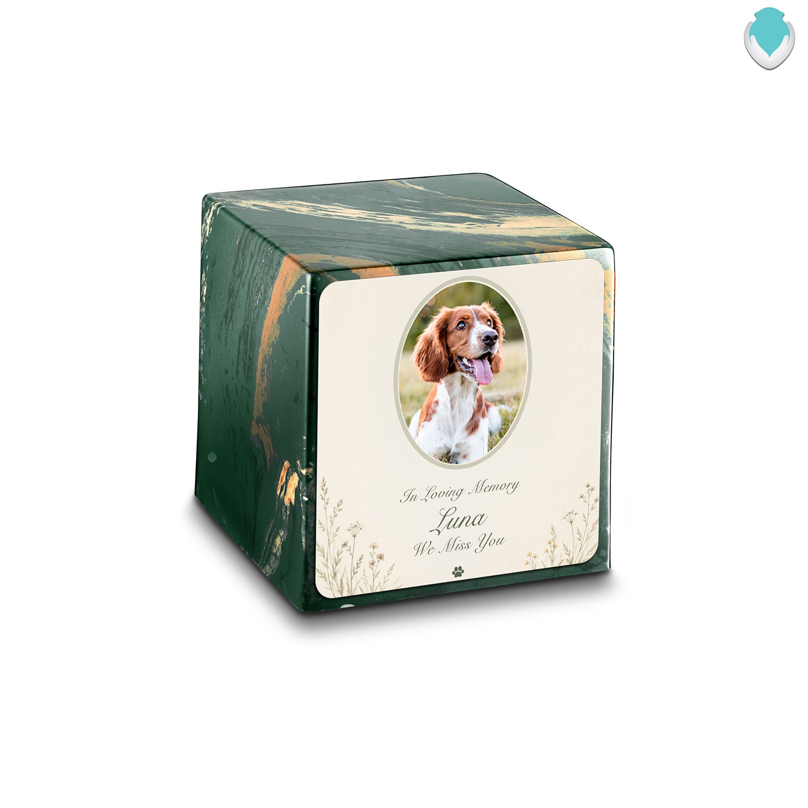 Small Cube Pet Portrait Tribute Camo Cultured Marble Pet Cremation Urn by MacKenzie