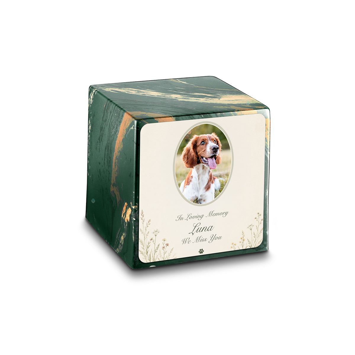 Small Cube Pet Portrait Tribute Camo Cultured Marble Pet Cremation Urn by MacKenzie