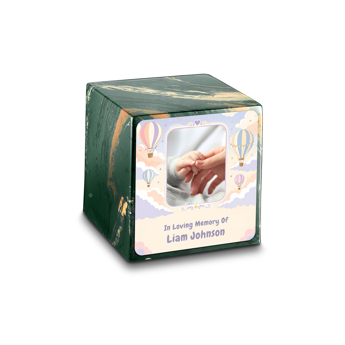 Small Cube Hot Air Balloons Camo Cultured Marble Child Cremation Urn by MacKenzie