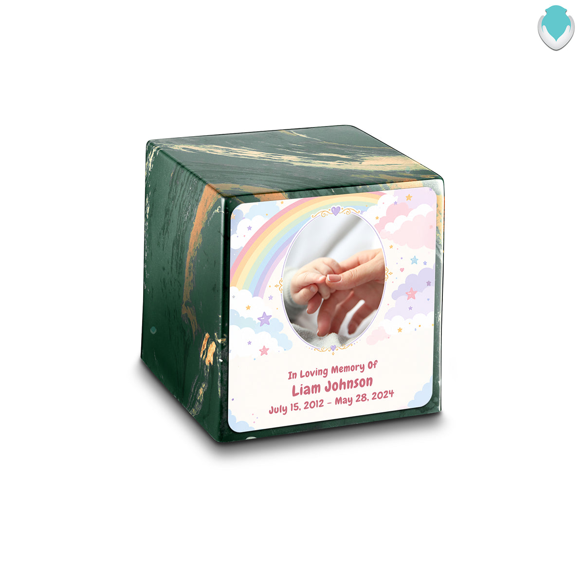 Small Cube Rainbow and Clouds Camo Cultured Marble Child Cremation Urn by MacKenzie