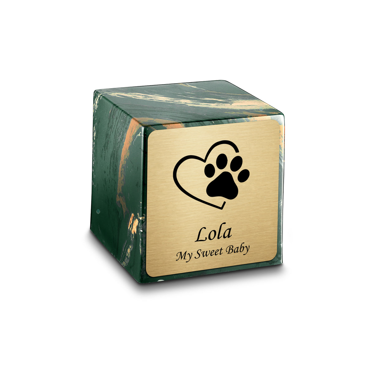 Small Cube Single Heart Paw Camo Cultured Marble Pet Cremation Urn by MacKenzie