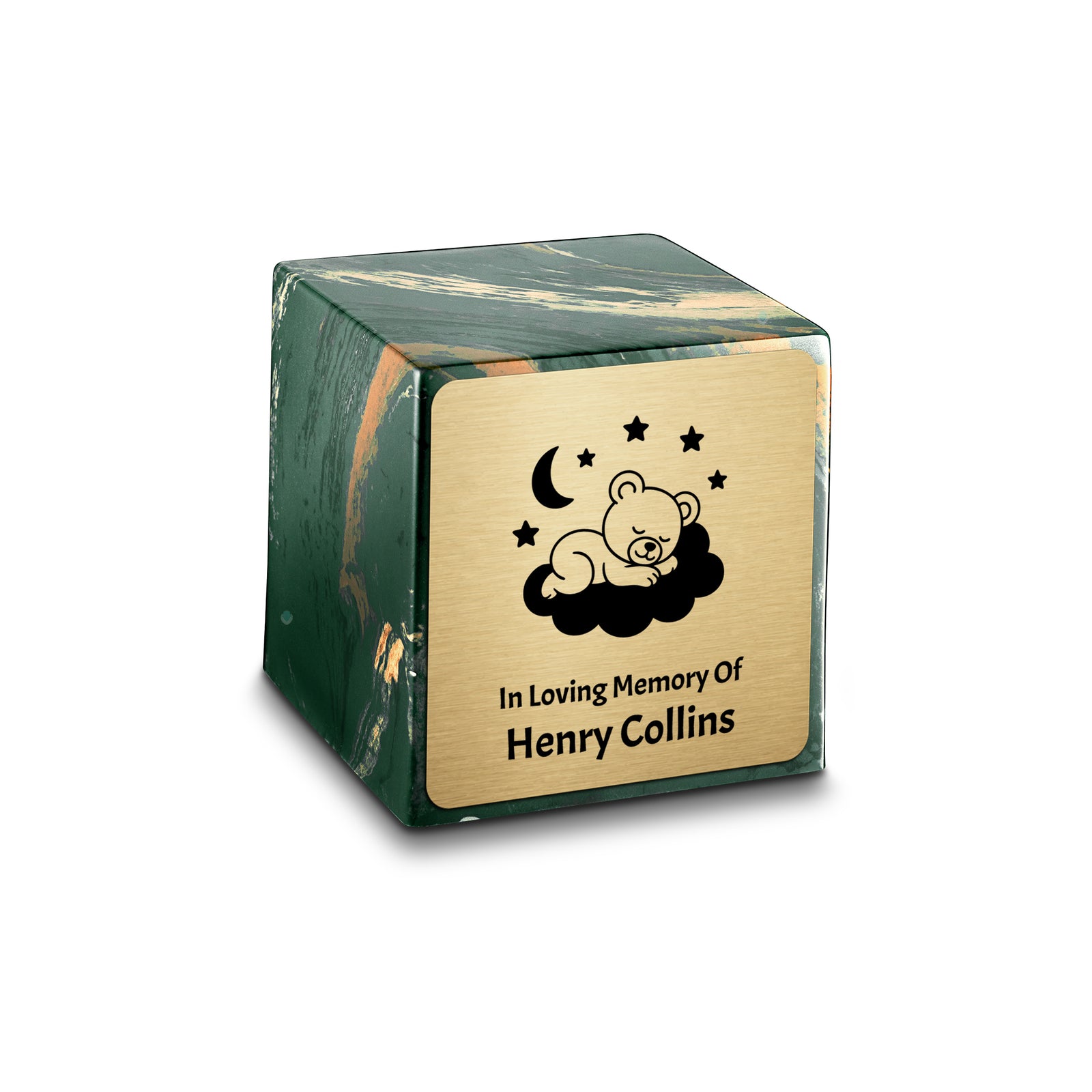 Small Cube Sleeping Teddy Camo Cultured Marble Child Cremation Urn by MacKenzie