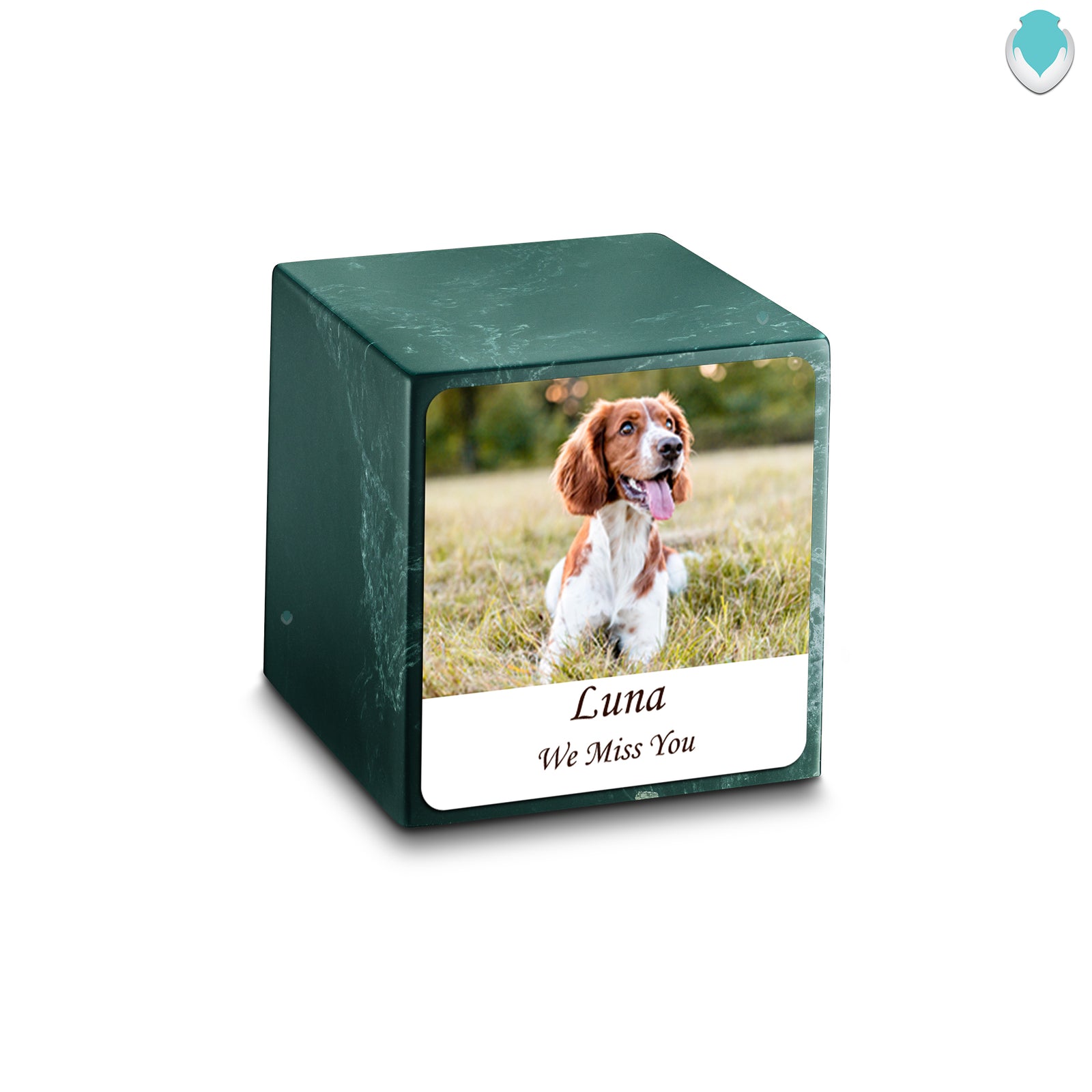 Small Cube Custom Pet Photo Evergreen Cultured Marble Pet Cremation Urn by MacKenzie