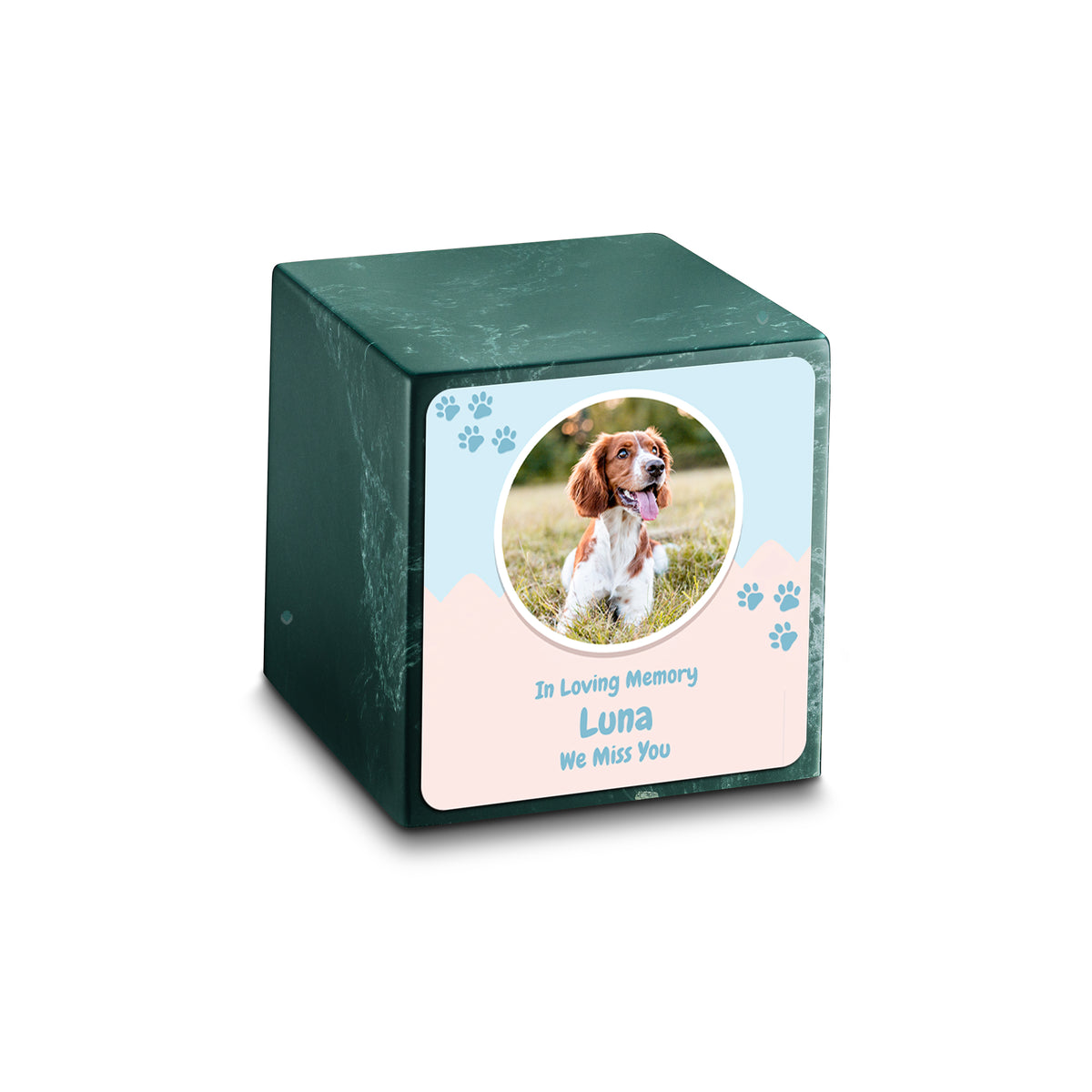 Small Cube Pet Portrait Evergreen Cultured Marble Pet Cremation Urn by MacKenzie