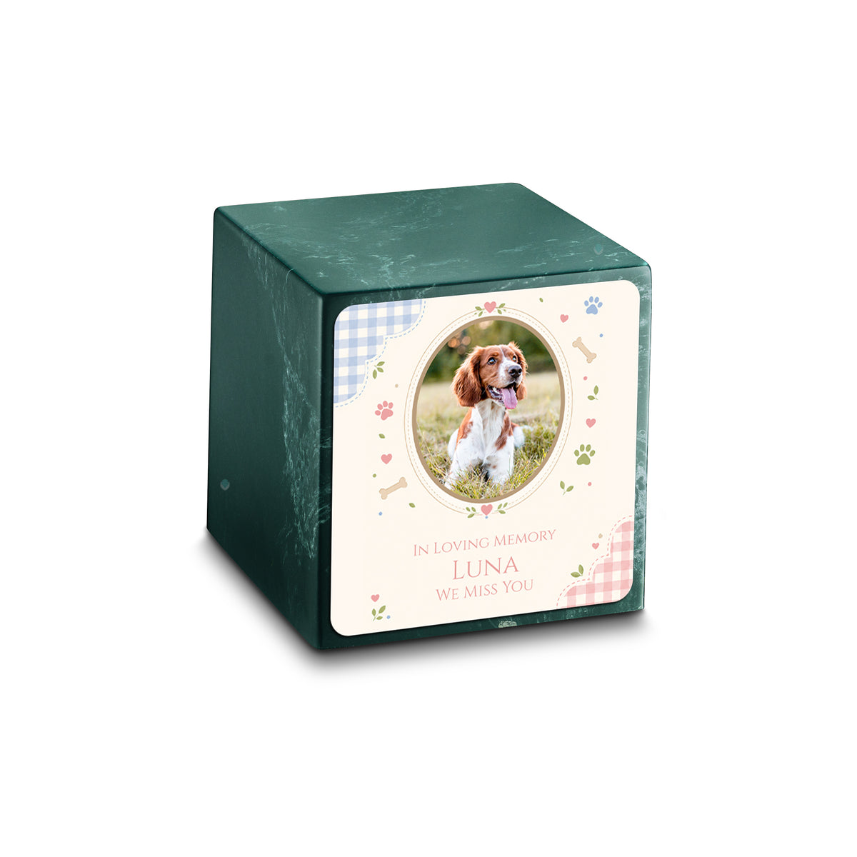 Small Cube Custom Pet Memorial Evergreen Cultured Marble Pet Cremation Urn by MacKenzie