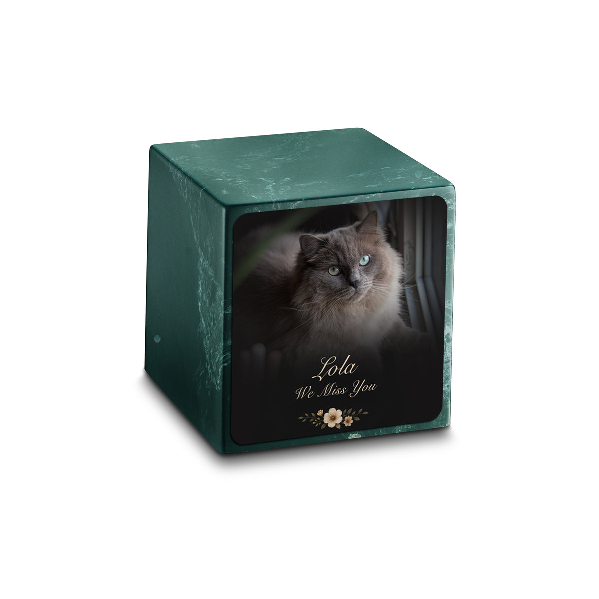 Small Cube Pet Portrait Photo Evergreen Cultured Marble Pet Cremation Urn by MacKenzie