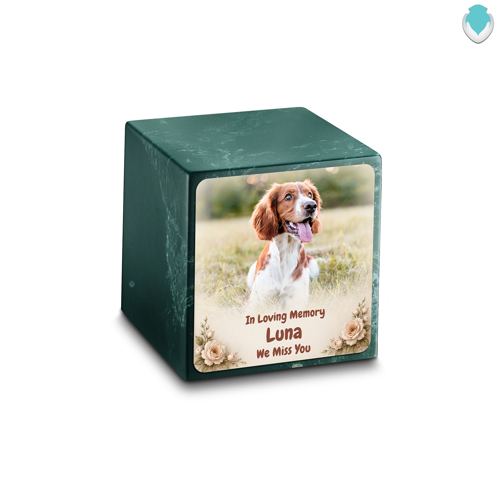 Small Cube Personalized Pet Photo Evergreen Cultured Marble Pet Cremation Urn by MacKenzie