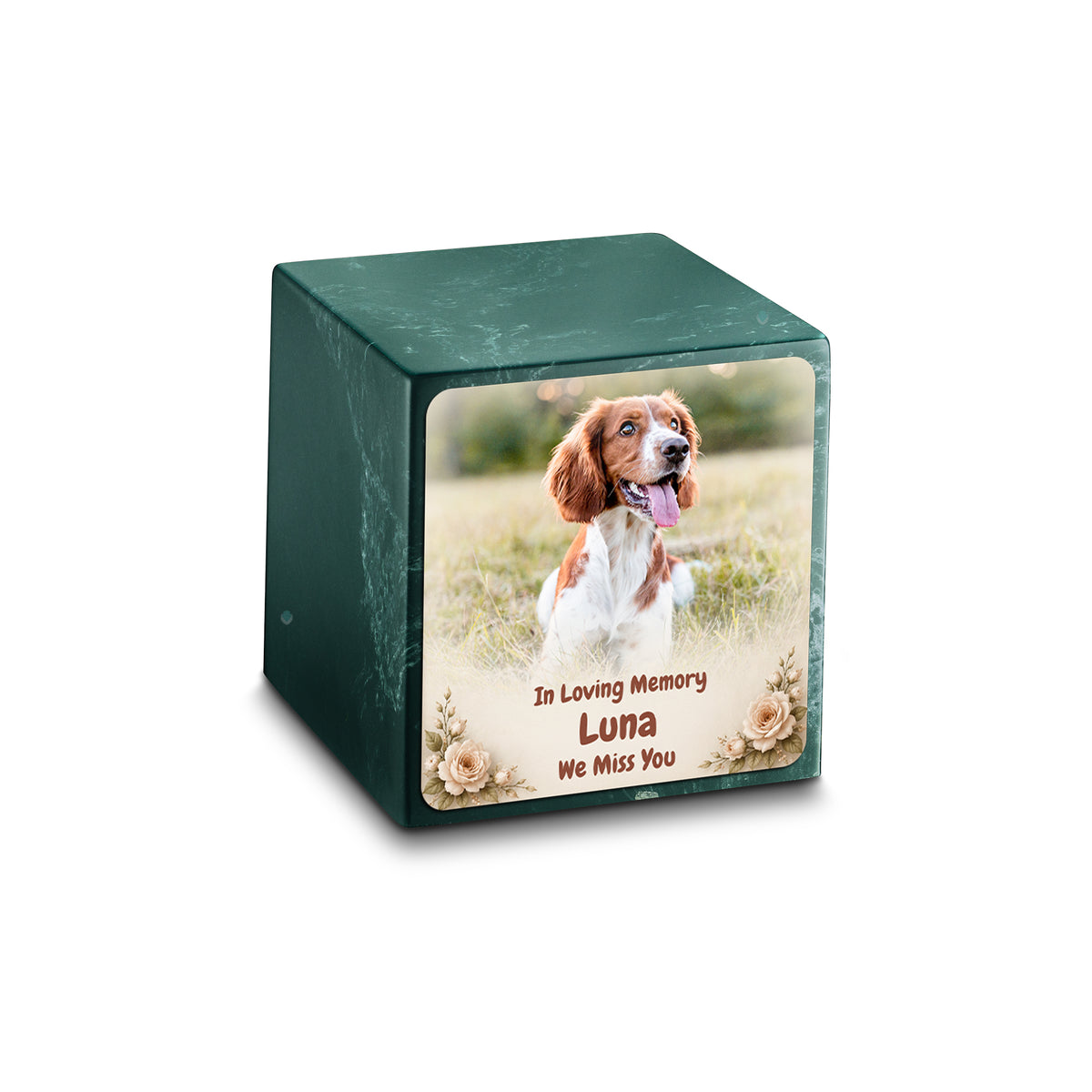 Small Cube Personalized Pet Photo Evergreen Cultured Marble Pet Cremation Urn by MacKenzie