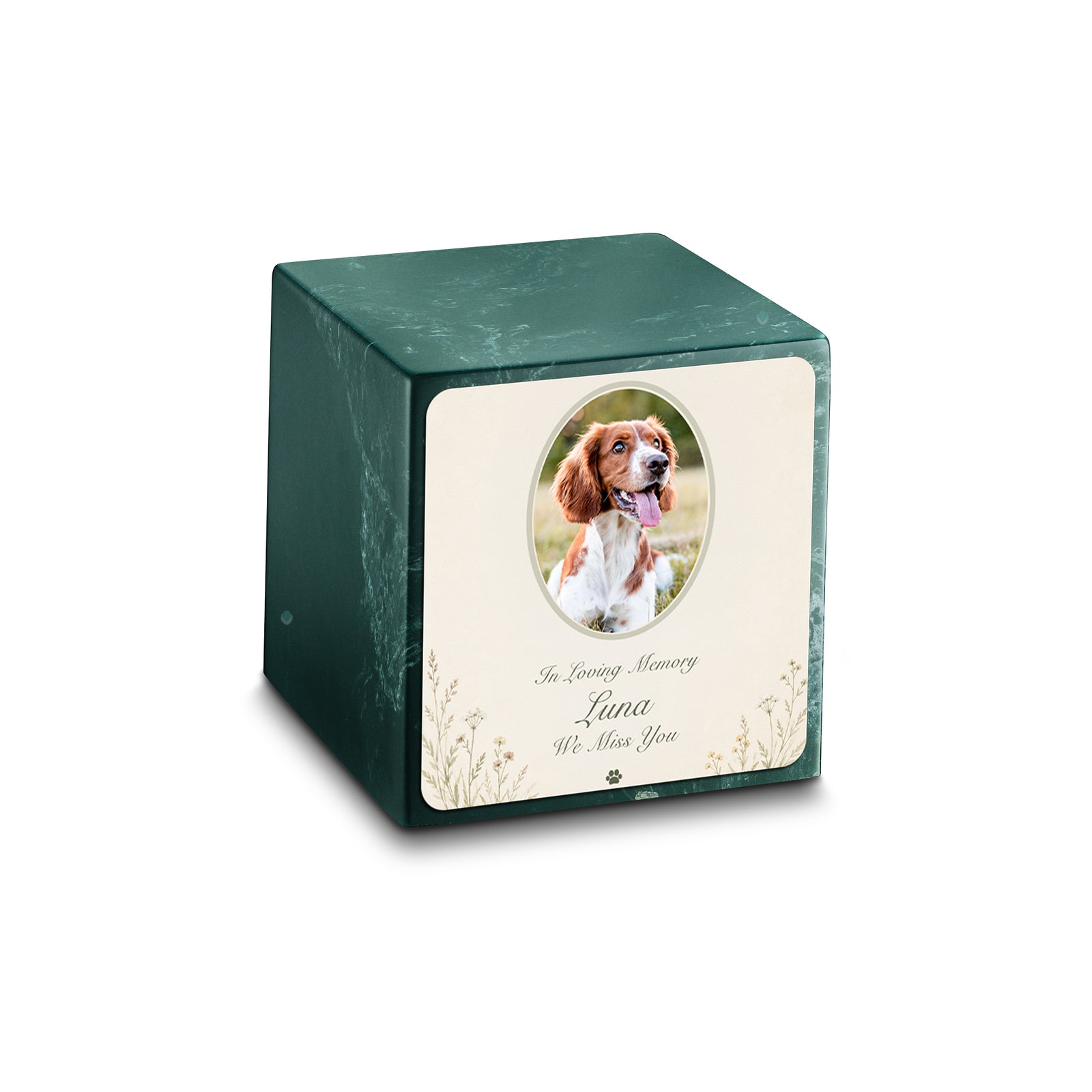Small Cube Pet Portrait Tribute Evergreen Cultured Marble Pet Cremation Urn by MacKenzie