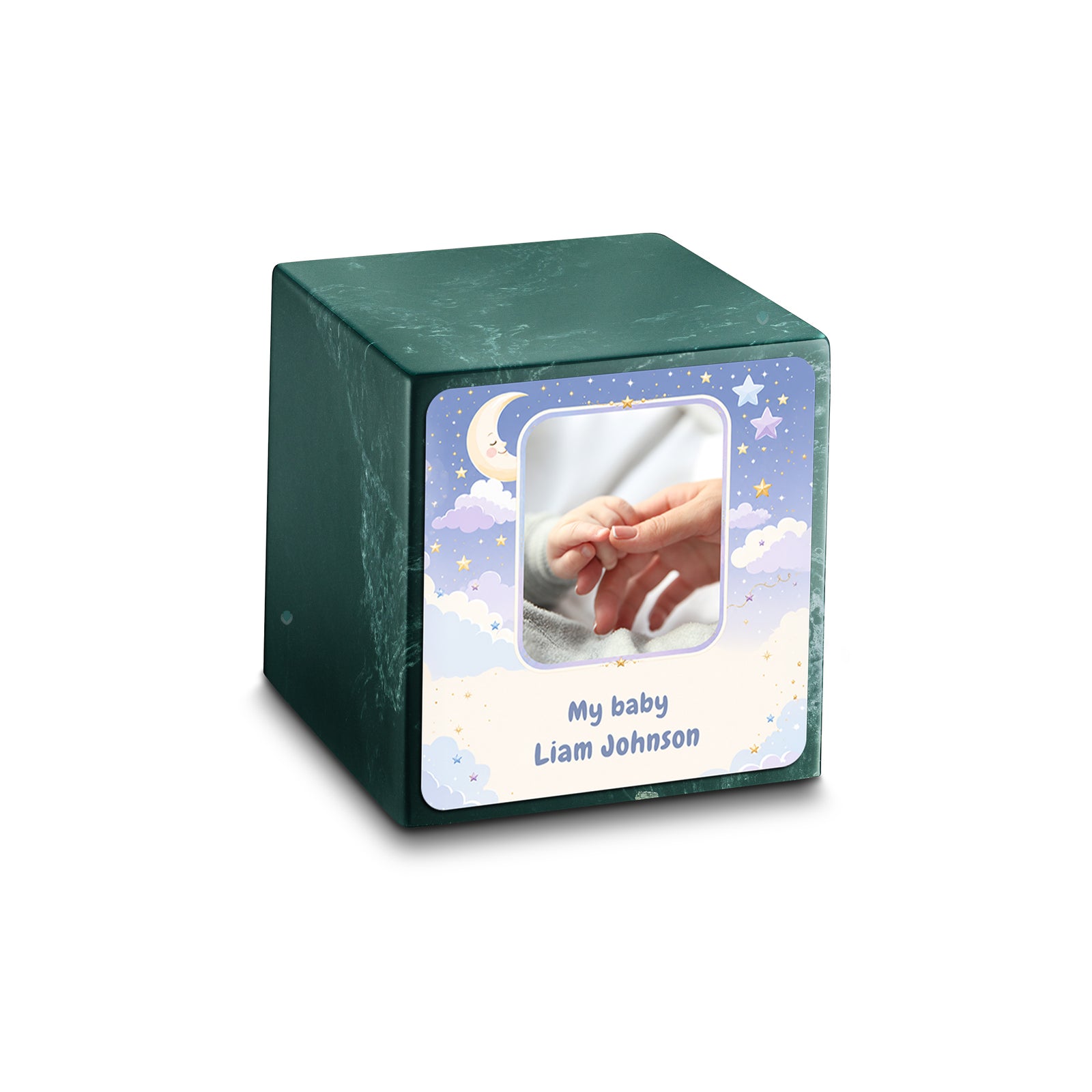Small Cube Moon and Stars Evergreen Cultured Marble Child Cremation Urn by MacKenzie