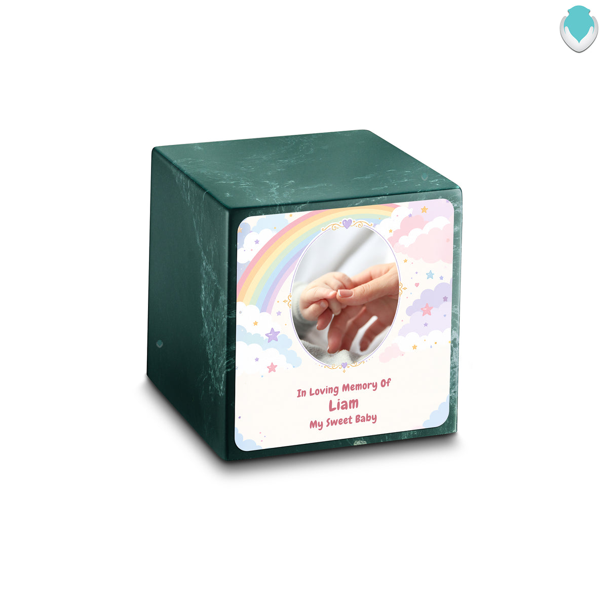 Small Cube Rainbow and Clouds Evergreen Cultured Marble Child Cremation Urn by MacKenzie