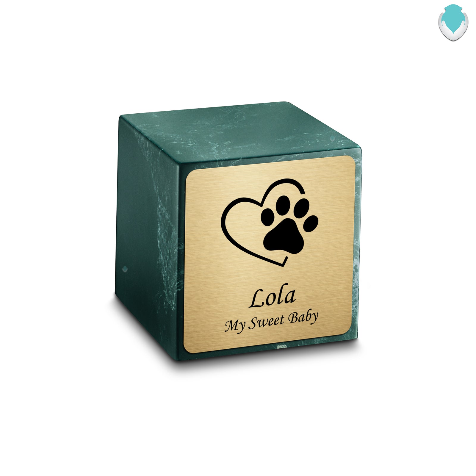 Small Cube Single Heart Paw Evergreen Cultured Marble Pet Cremation Urn by MacKenzie