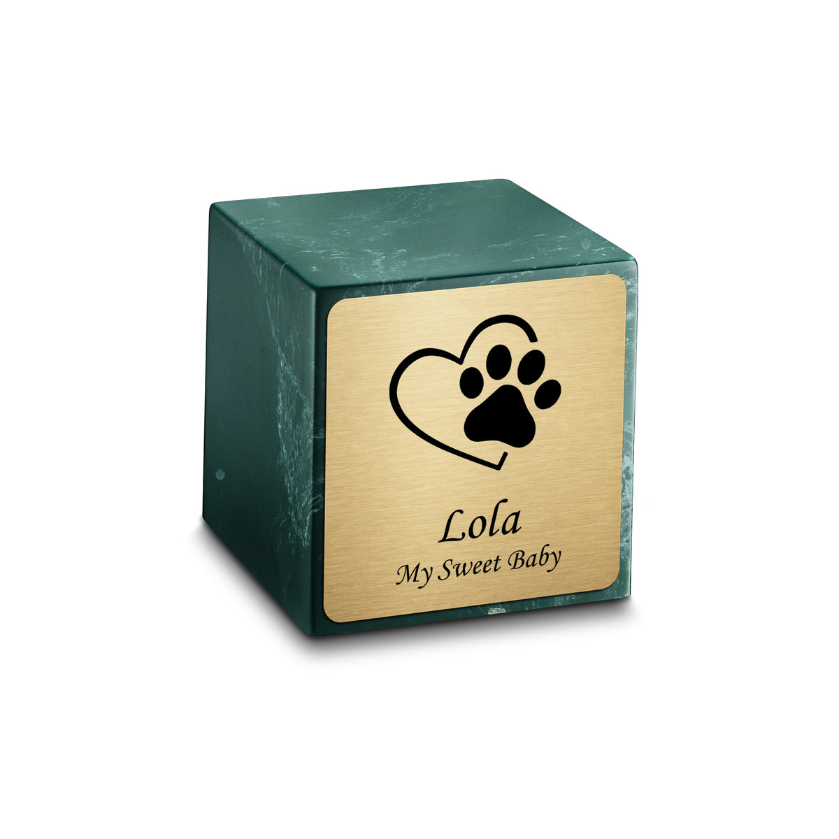 Small Cube Single Heart Paw Evergreen Cultured Marble Pet Cremation Urn by MacKenzie
